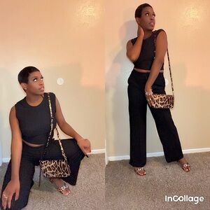 Women's Black Ribbed Crop Top & Wide-Leg Pants Set